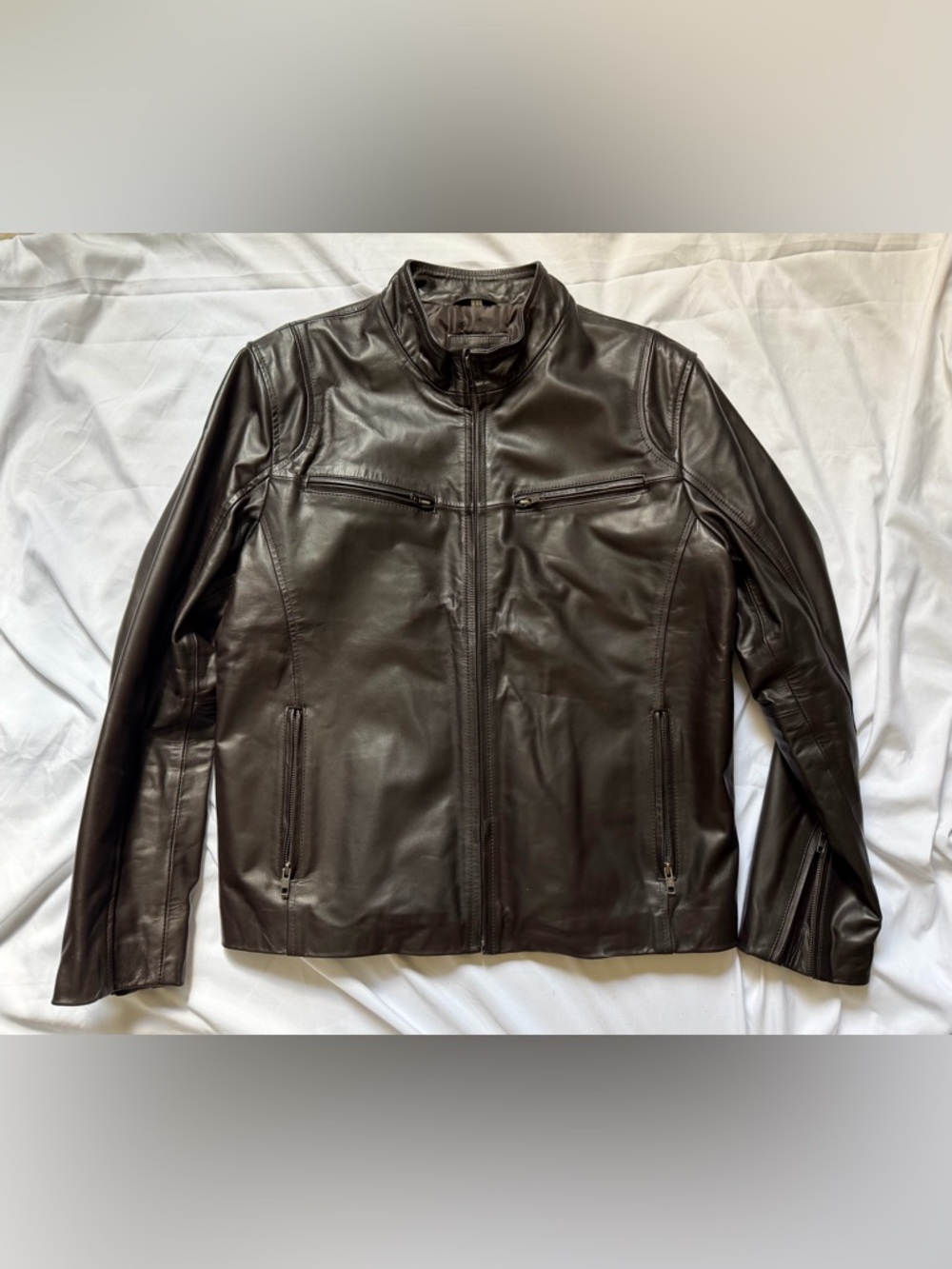 Men's Dark Brown Leather Bomber Jacket with Zip Front